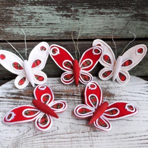 Vintage Butterfly Christmas ornaments Butterflies Clips Clip Red and White Plaid Material Trim Christmas Decoration Tree Trim Retro Ornies