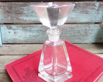 Vintage Ceskci Crystal Perfume Bottle, Czech Crystal Art Deco Style, Geometric Design Bohemia Crystal Perfume Jar with Dauber, Ornate Vanity
