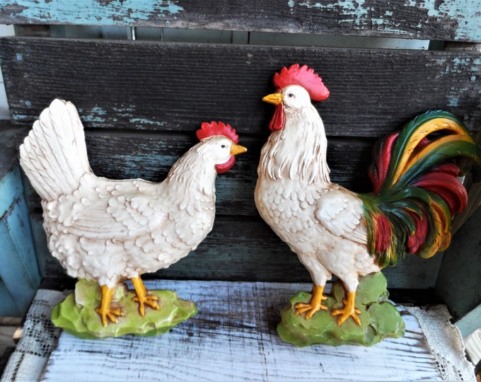 Vintage Rooster and Hen Chicken Wall Plaques Hanging Set Homco Country