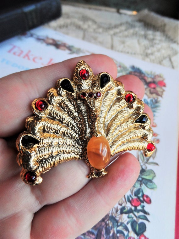 Vintage Peacock Brooch Jelly Belly Pin Rhinestones