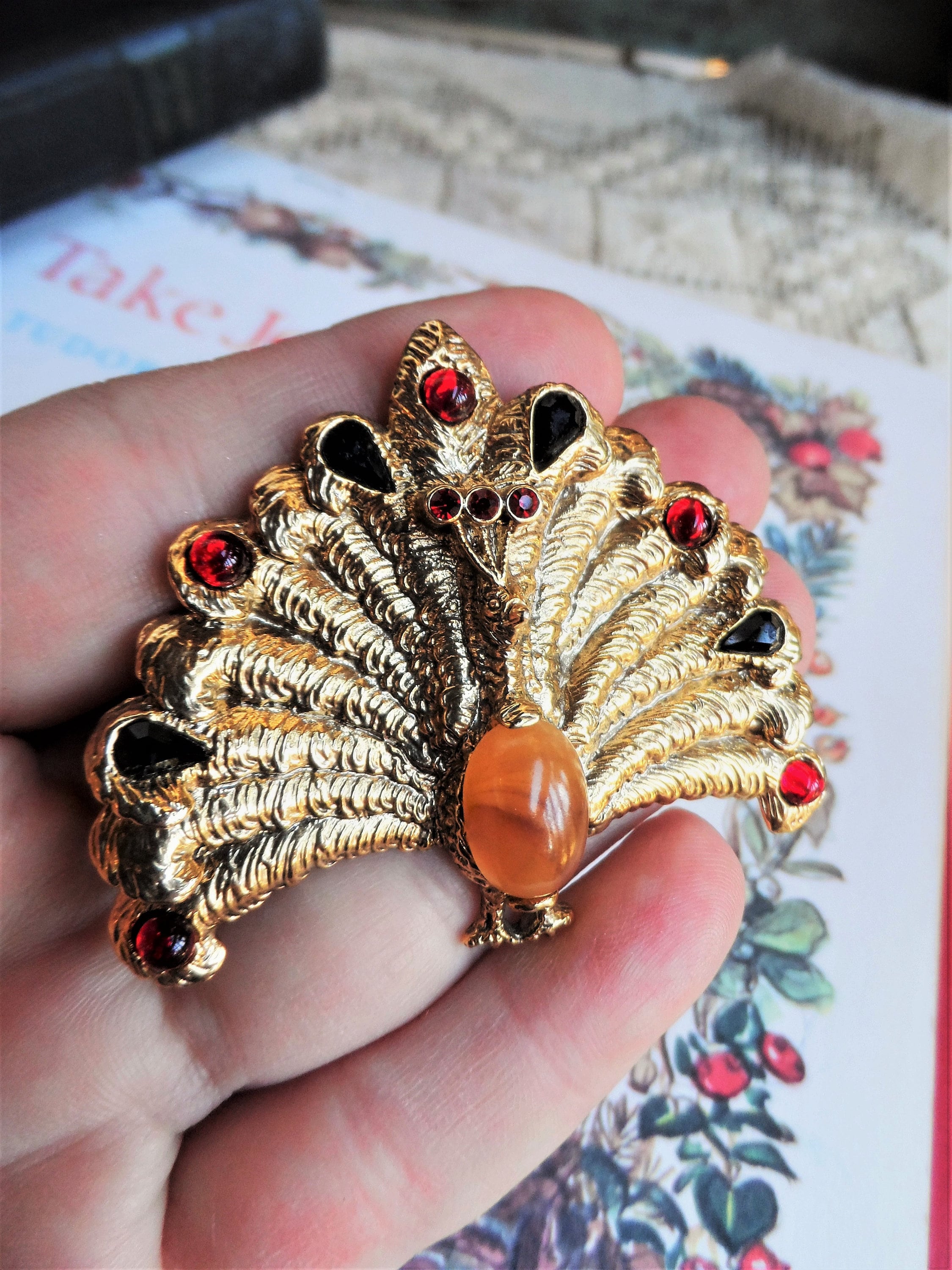 Vintage Peacock Brooch Jelly Belly Pin Rhinestones Stone Costume