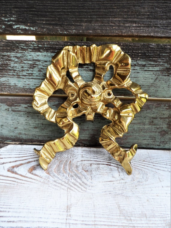 Vintage Large Brass Wall Hook Brass Bow Ornate Textured Metal