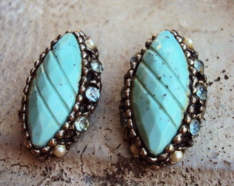 Vintage Mid Century Earrings Turquoise  Antique Silver Settings Clear Glass Rhinestones Pearls Costume Jewelry Retro Kitsch