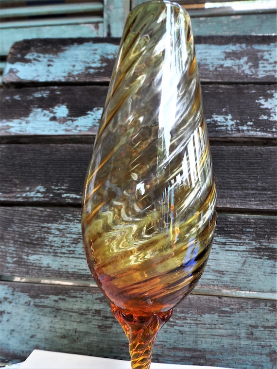 Vintage Italian Empoli Art Glass Vase Brown Fluted Pedestal