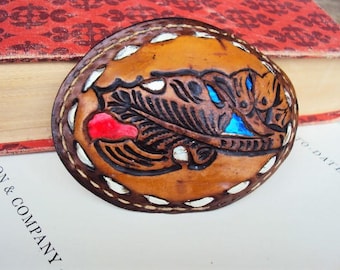 Vintage Tooled Leather Belt Buckle Large Bohemian Leaf Design Leaves Anda's Leather Master Bull Symbol Western Wear Southwestern Foiled aged