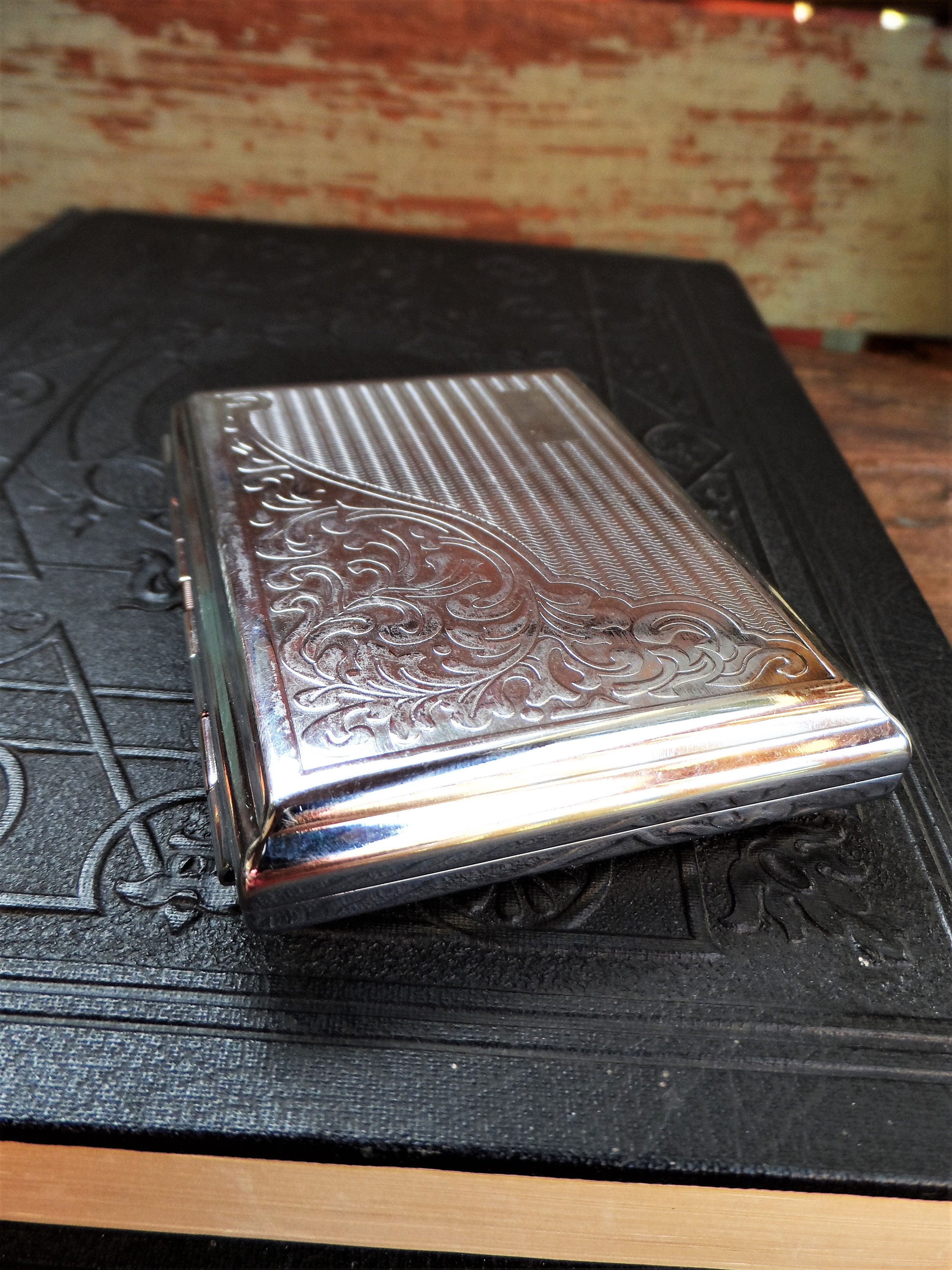 Vintage Cigarette Case Team Pistol Gun Silver Ornate Design Mid Century  Design Madmen Era Kitsch Retro Tobacciana Cupronickle