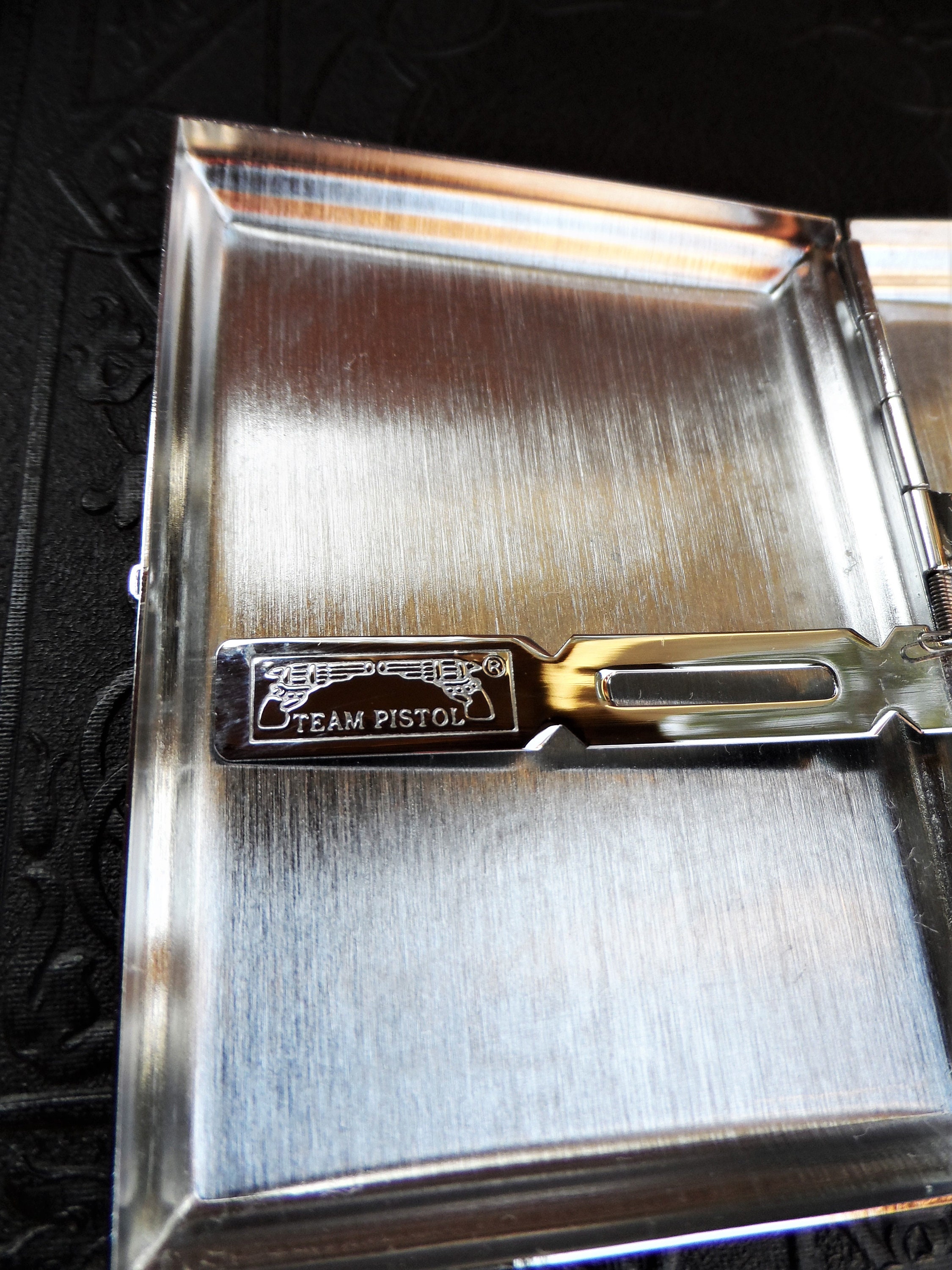 team pistol cigarette case Vintage Cigarette Case Team Pistol Gun Silver Ornate Design Mid Century  Design Madmen Era Kitsch Retro Tobacciana Cupronickle