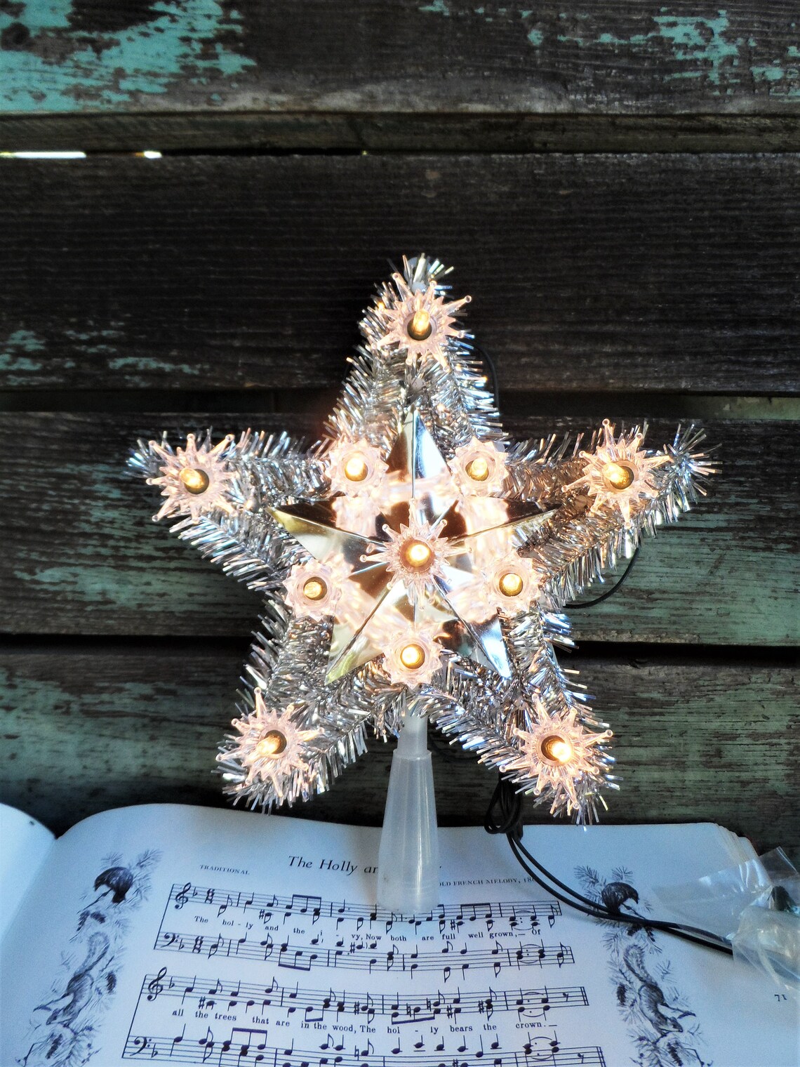 Vintage Christmas Tree Topper Light Lighted Star Silver Tinsel Etsy