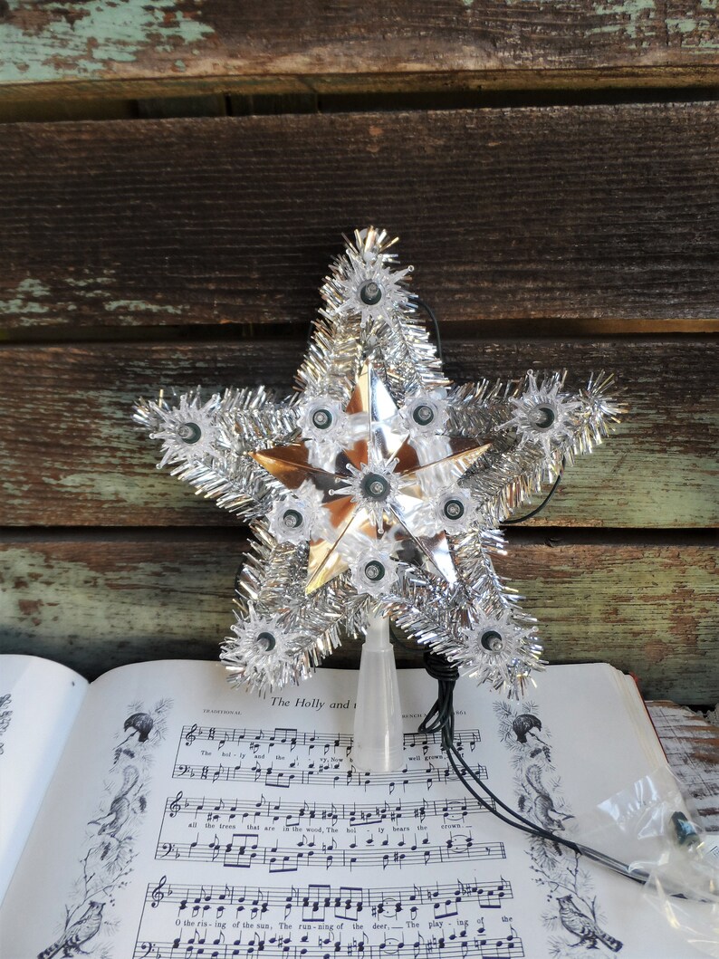 Vintage Christmas Tree Topper Light Lighted Star Silver Tinsel Etsy