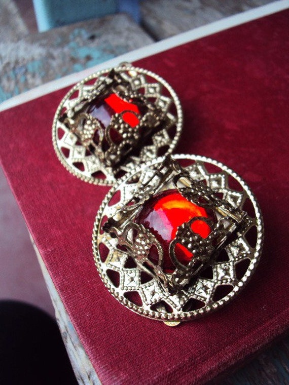 Vintage Rhinestone Earrings Red Glass Stones Statement Earrings