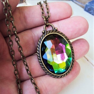 Large Iridescent Crystal Pendant Necklace Rivoli Style Vitrail Antique Brass Peacock Rainbow Color Changing Stone Long Chain Prism Glass image 4