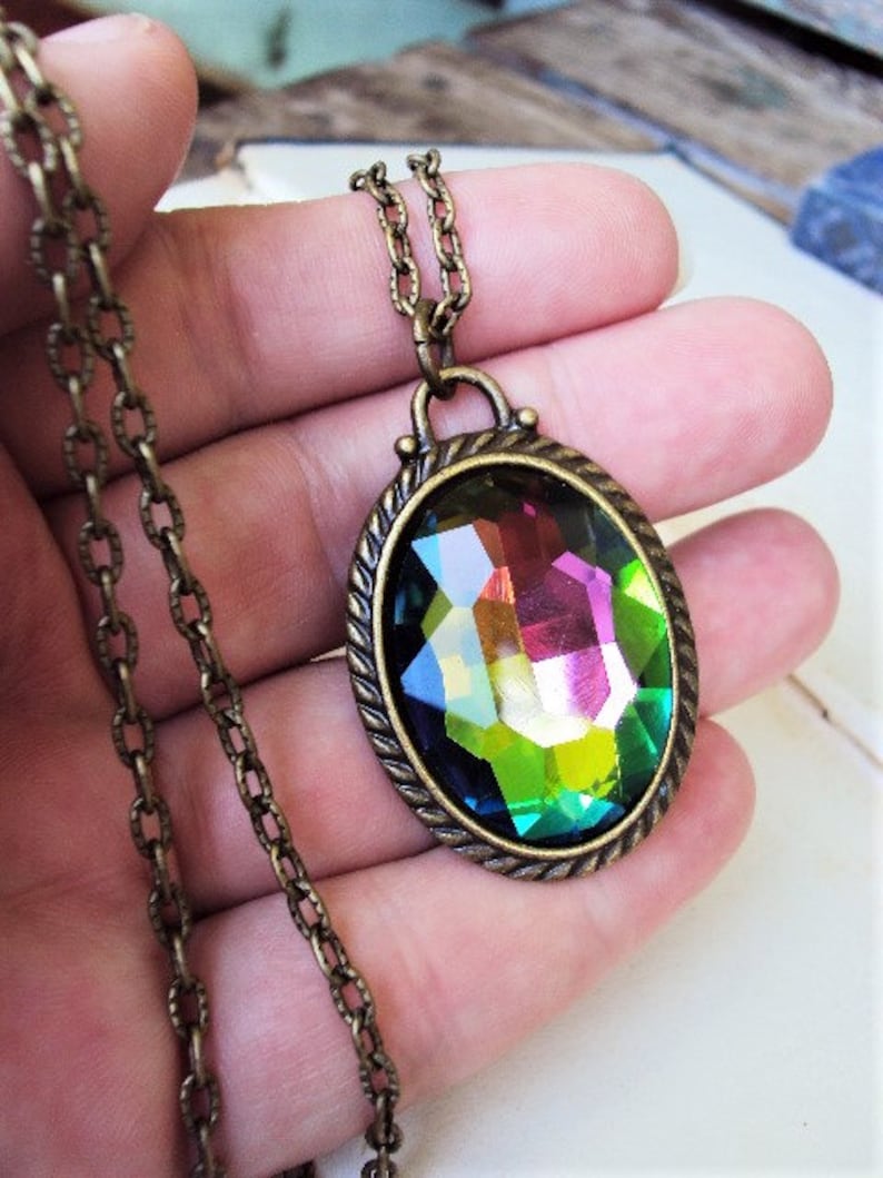 Large Iridescent Crystal Pendant Necklace Rivoli Style Vitrail Antique Brass Peacock Rainbow Color Changing Stone Long Chain Prism Glass image 4