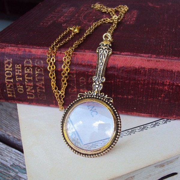 Collier avec pendentif loupe de style vintage, loupe de lecture en métal de style victorien, collier en or antique à longue chaîne