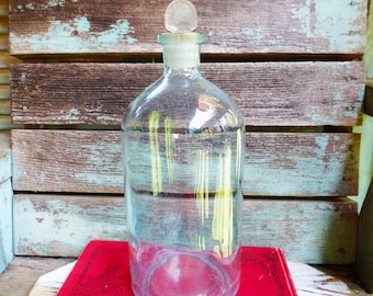 Vintage Large Apothecary Jar Bottle, Pharmacy Medical Medicine jar, Glass Cork, Clear Glass Blue Hue Antique Bottle, Collectible Marked C