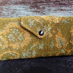 Portafoglio Vintage Tapestry, Portafoglio Mid-Century di dimensioni standard, Portafoglio da viaggio, Porta carte, Porta foto, Verde salvia, Oro e Blu, MCM Retro