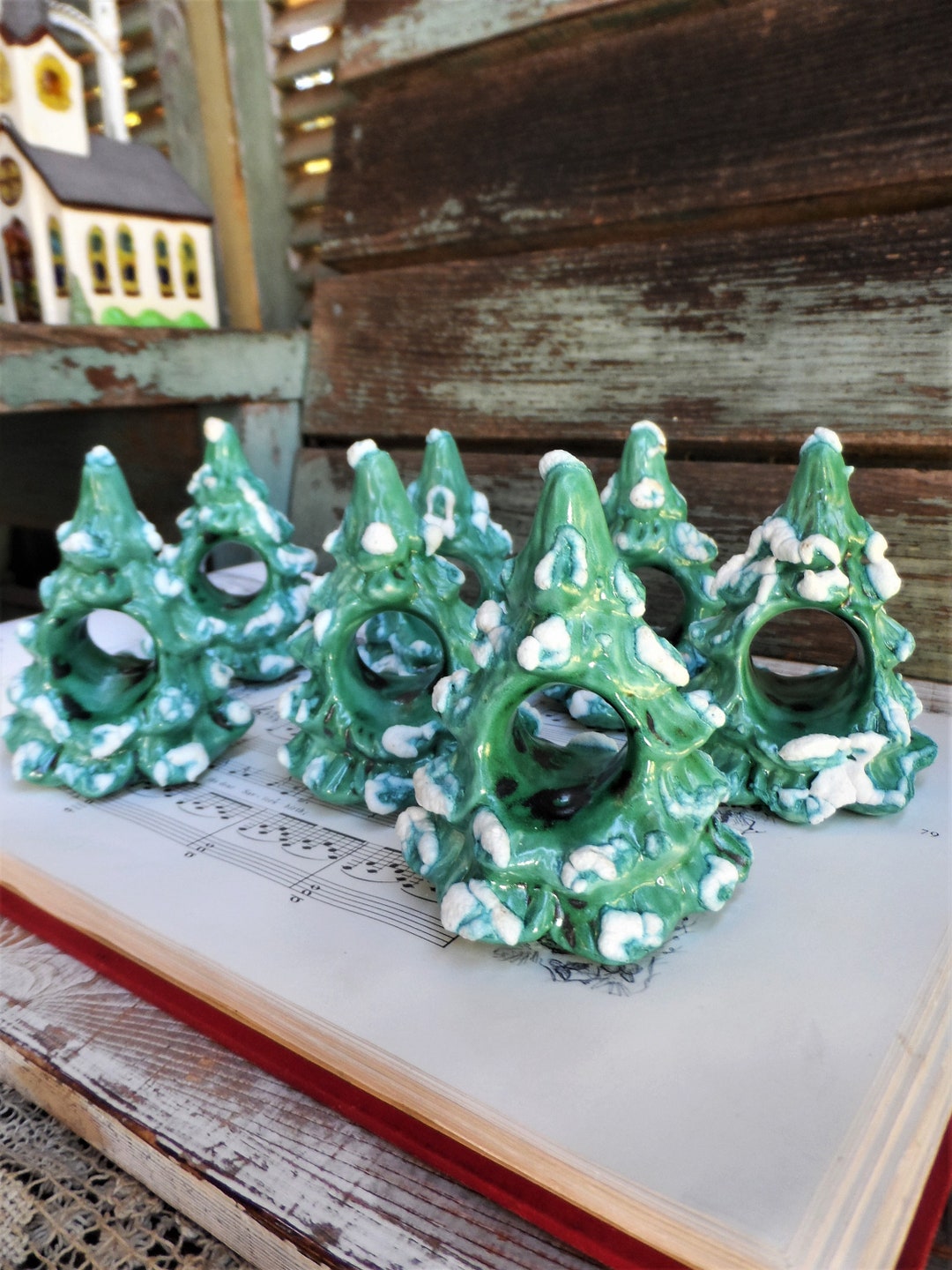 Vintage Ceramic Christmas Tree Napkin Holder Set Napkin Ring Holders
