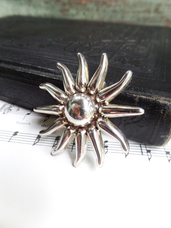 Vintage Silver Sun Brooch Pendant, Marked Signed B