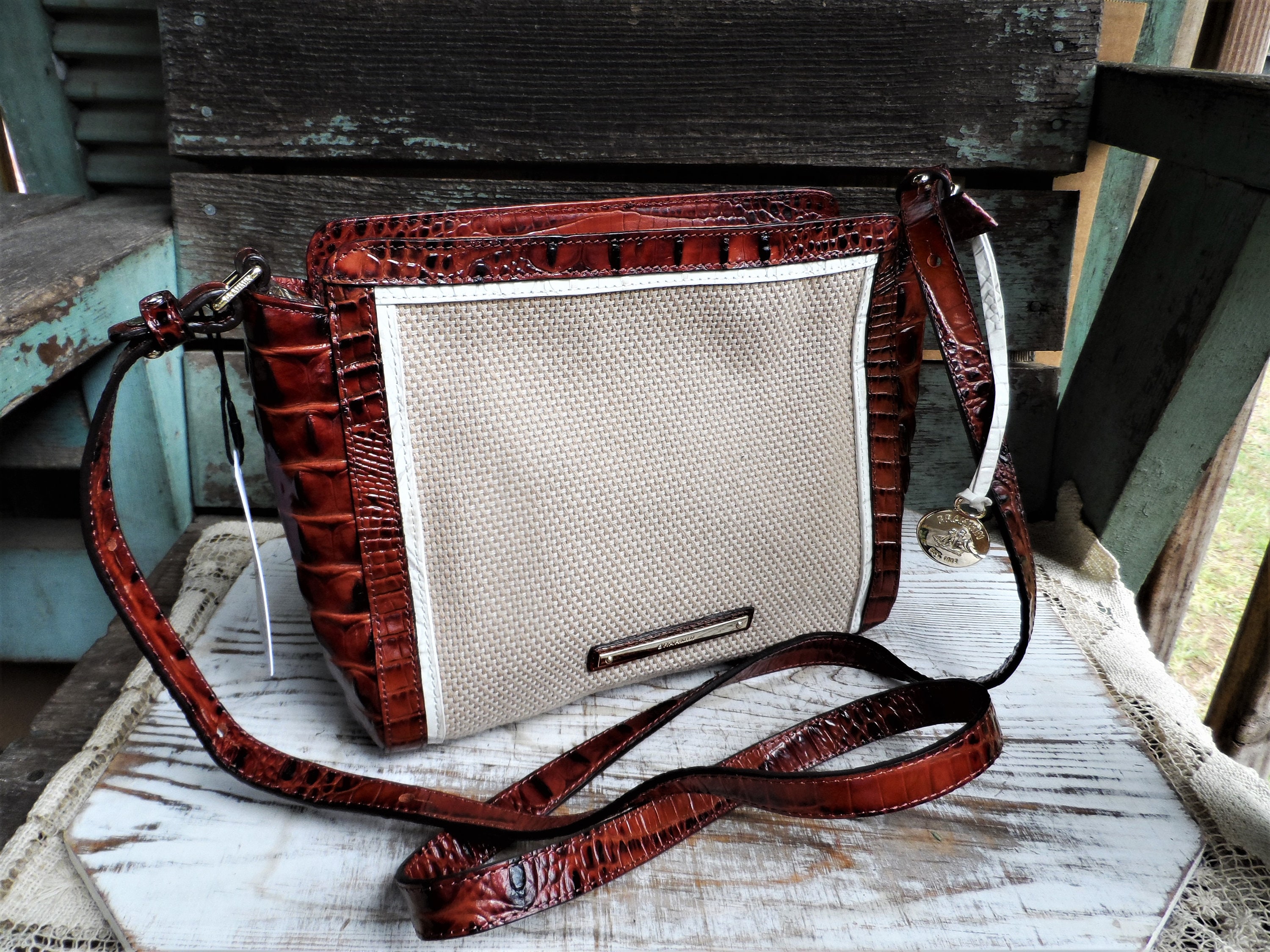 Pecan Brahmin Purse Handbag Embossed Leather Alligator Print