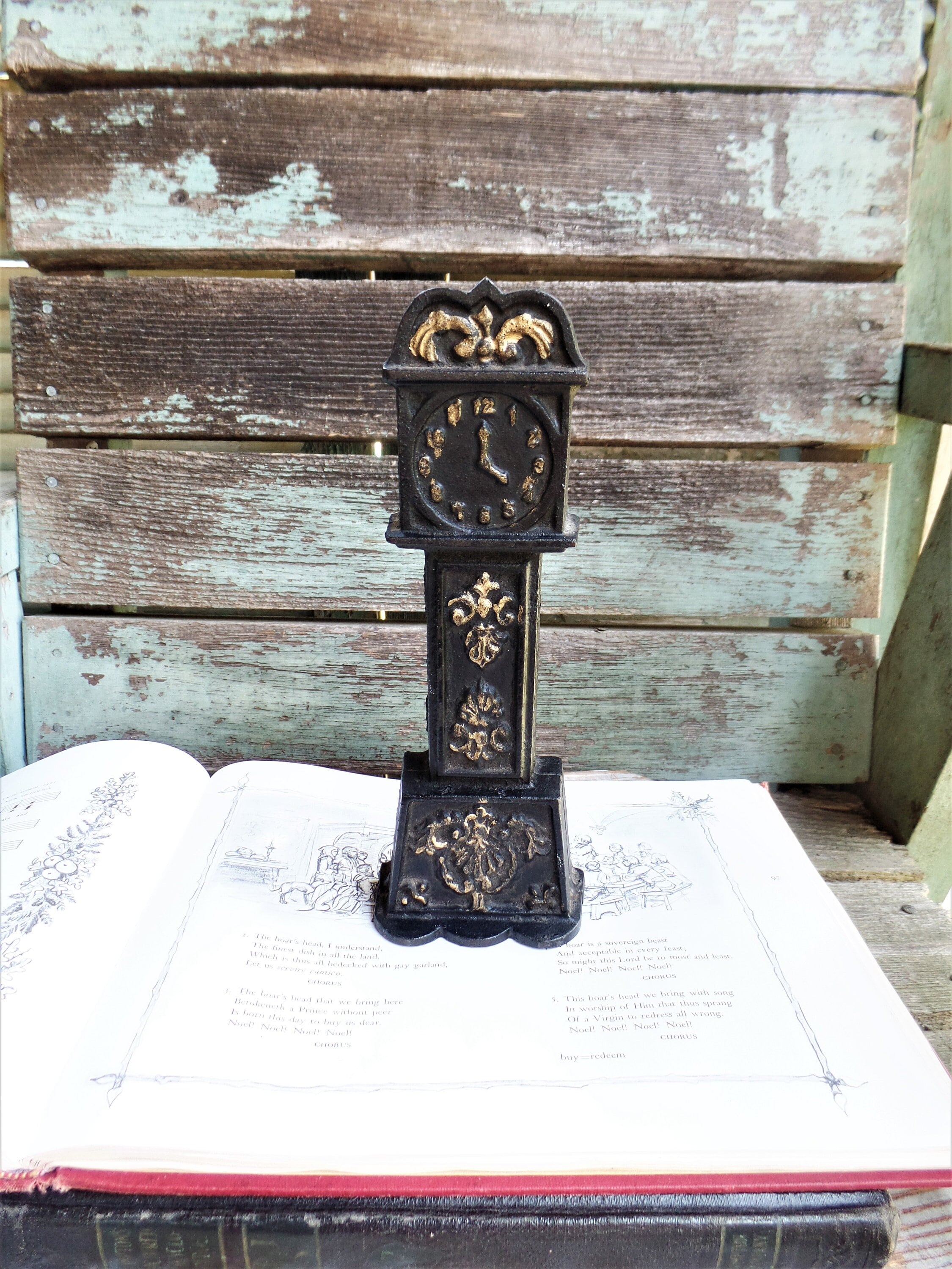 Vintage Cast Iron Grandfather Clock Bank, Shelf Sitter Bank