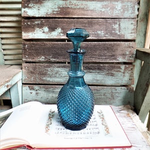 Vintage Empoli Art Glass Jar Bottle, Teal Blue Liquor Decanter, Ornate knob Lid, Indigo Blue Glass, Mid Century Hobnail Glass, Eames Era Mod