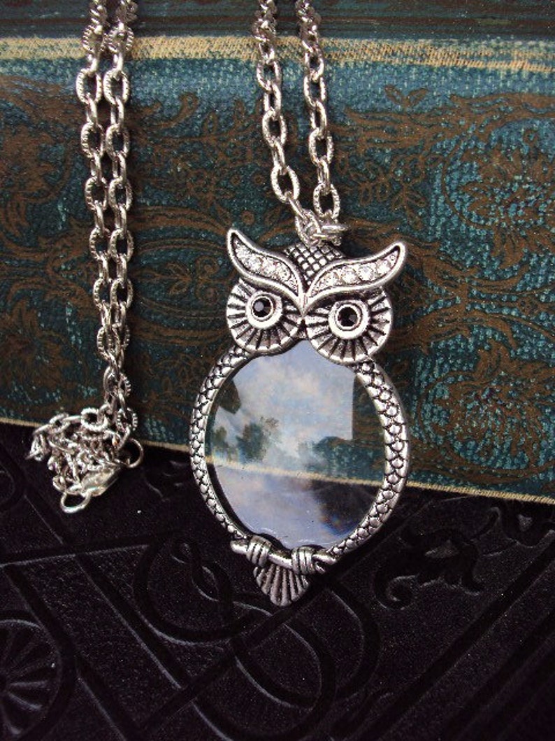 Vintage Style Owl Magnifying Glass Pendant Necklace Victorian Style Ornate Metal Reading Magnifier Antique Silver Long Chain image 1