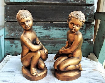 Vintage Jaru Art Sculpture Boy and Girl Statues Statue Duck Geese Dove Birds Mod Modernist Busts Children Numbered Bronze Figurines 1960s