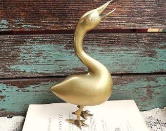 Vintage Brass Duck Goose Solid Brass Marked WP Whimsical Brass Statue Figurine Mod Modernist Collectible