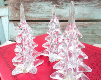 Vintage Handblown Glass Christmas Tree Set Two's Company Trees Thick Glass for Village Decoration Clear Glass 1980s 80s Holiday Decor