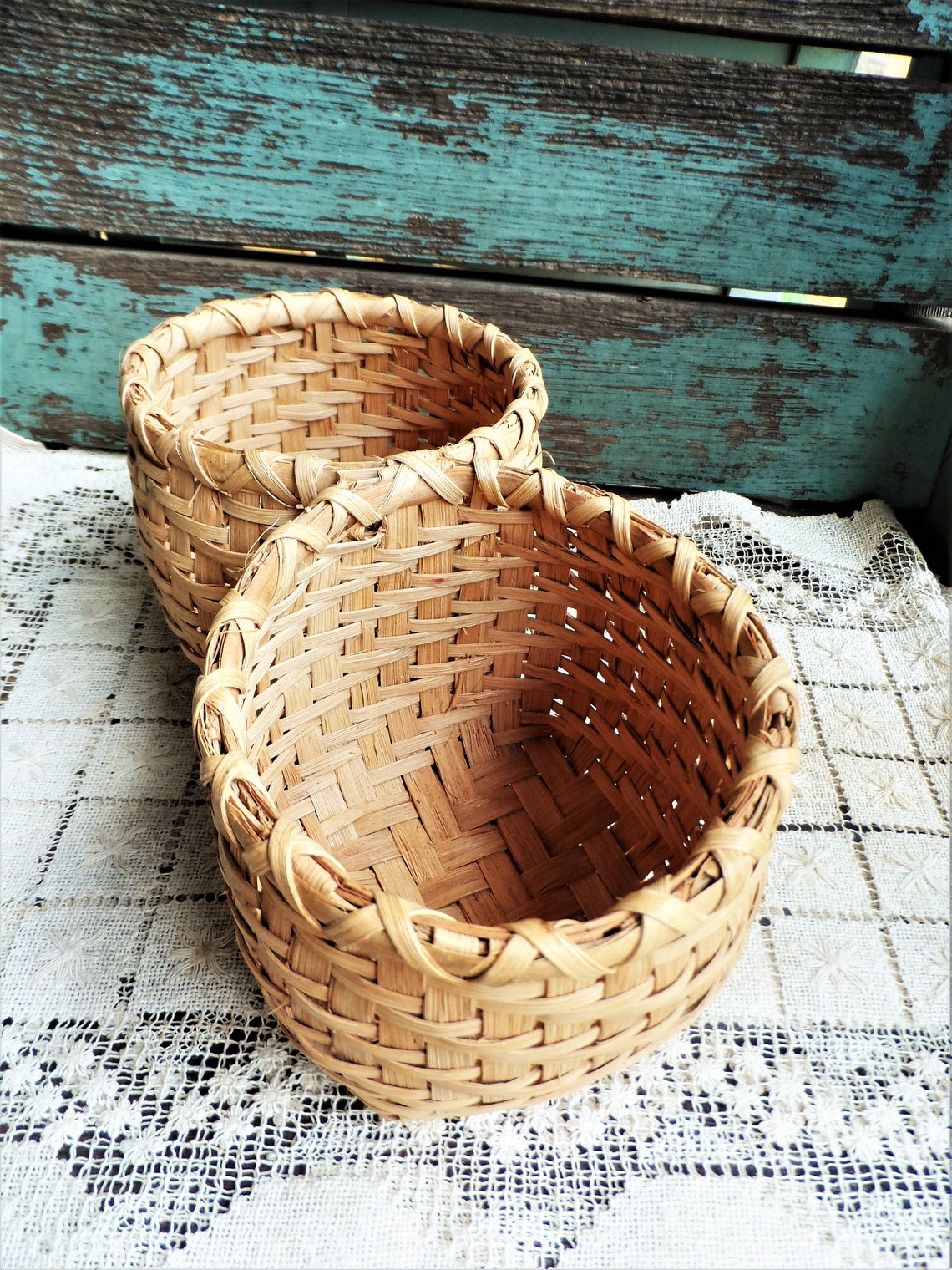 Vintage Split Oak Double Basket Wood Unique French Country Etsy