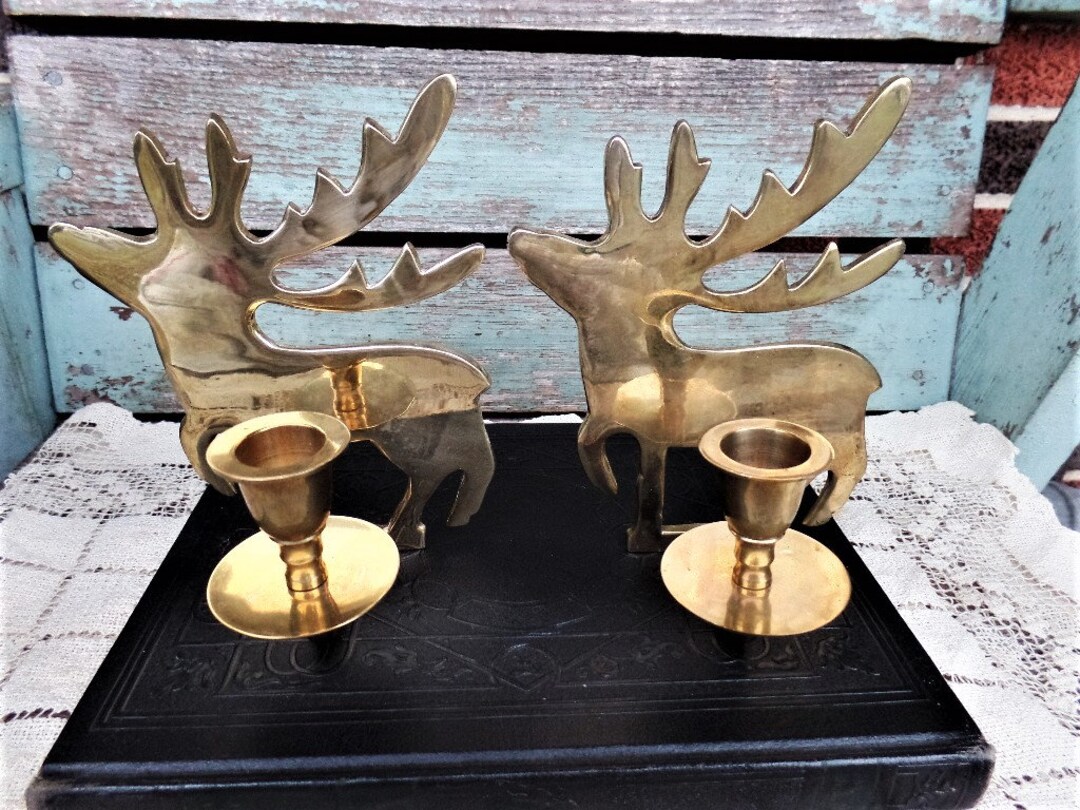 Vintage Brass Deer Candle Holders Reindeer Horns Antlers Candlestick