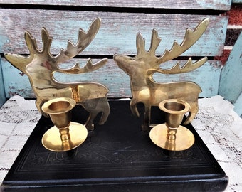 Vintage Brass Deer Candle Holders Reindeer Horns Antlers Candlestick Holders Candle Display for Christmas Decoration Tablescape Decor