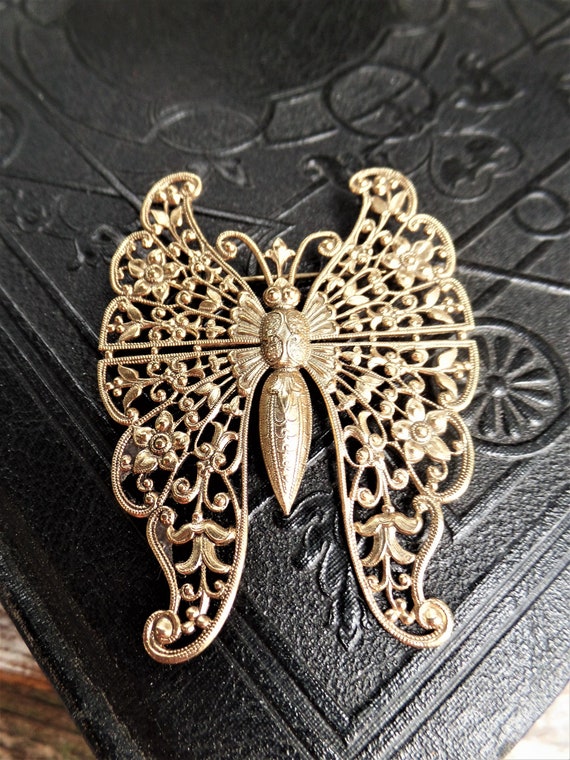 Vintage Brass Butterfly Brooch, Repousse Brass Pin