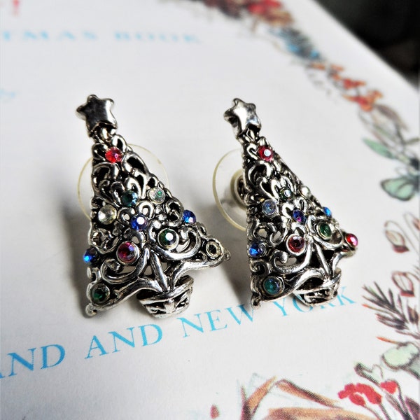 Vintage Christmas Tree Earrings Silver Plate Rhinestone Ornaments Costume Jewelry Pierced Earrings Ornate Tree with Star Topper