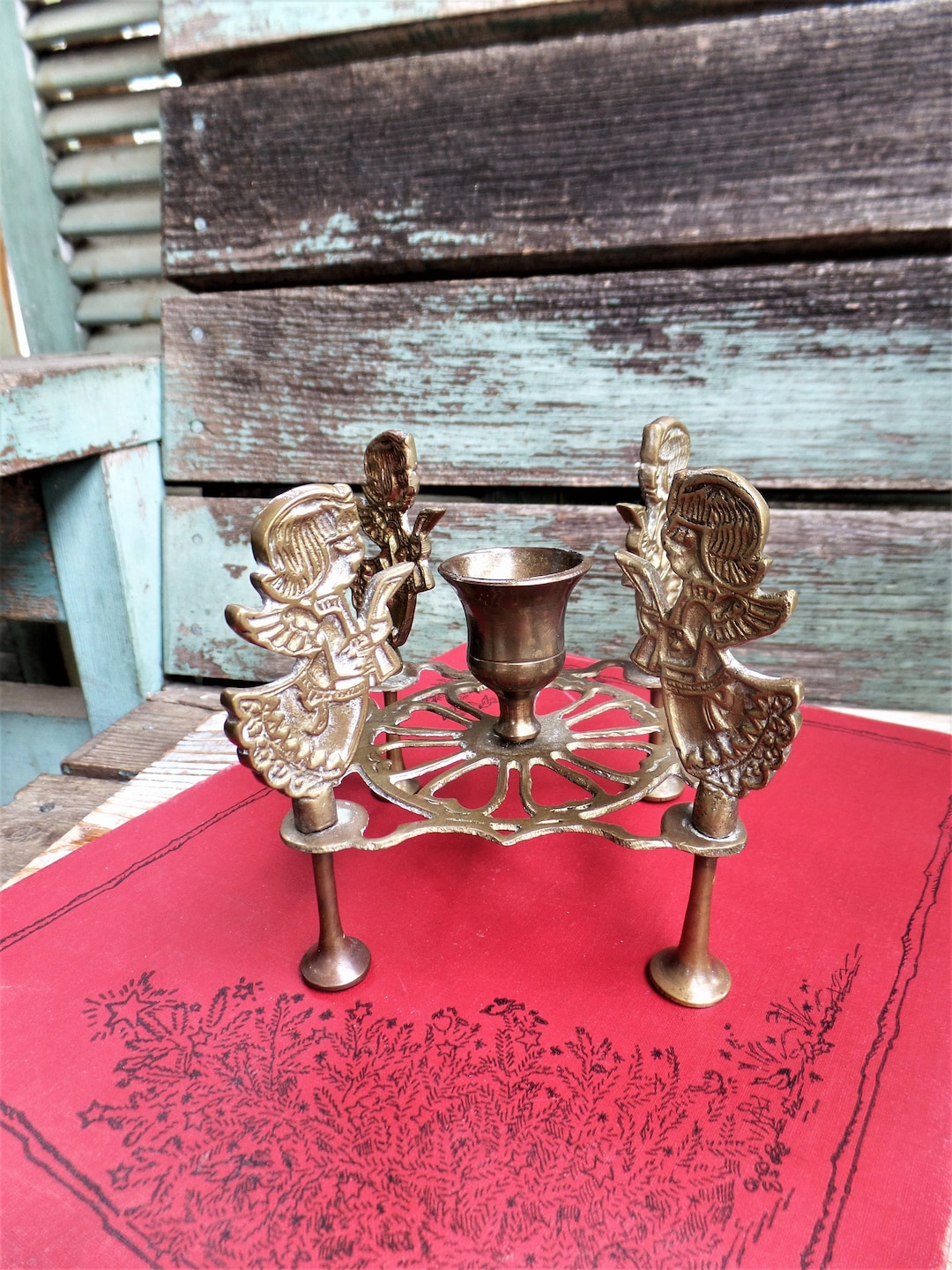 Vintage Brass Angel Candle Holder, Brass Candle Ring, Angel Wings