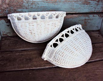 Vintage Shabby chic Wall Pocket Display Distressed Chippy Antique off White Basketweave French Country nursery Hanging vase basket design