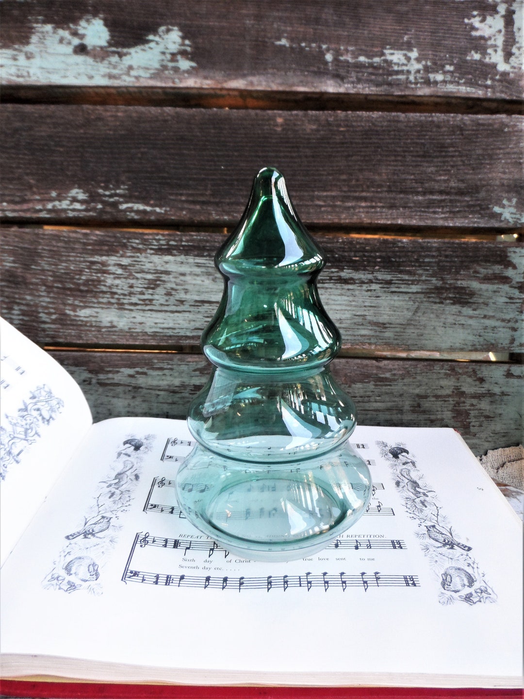 Vintage Christmas Tree Glass Jar Apothecary Jar Emerald Green Teal