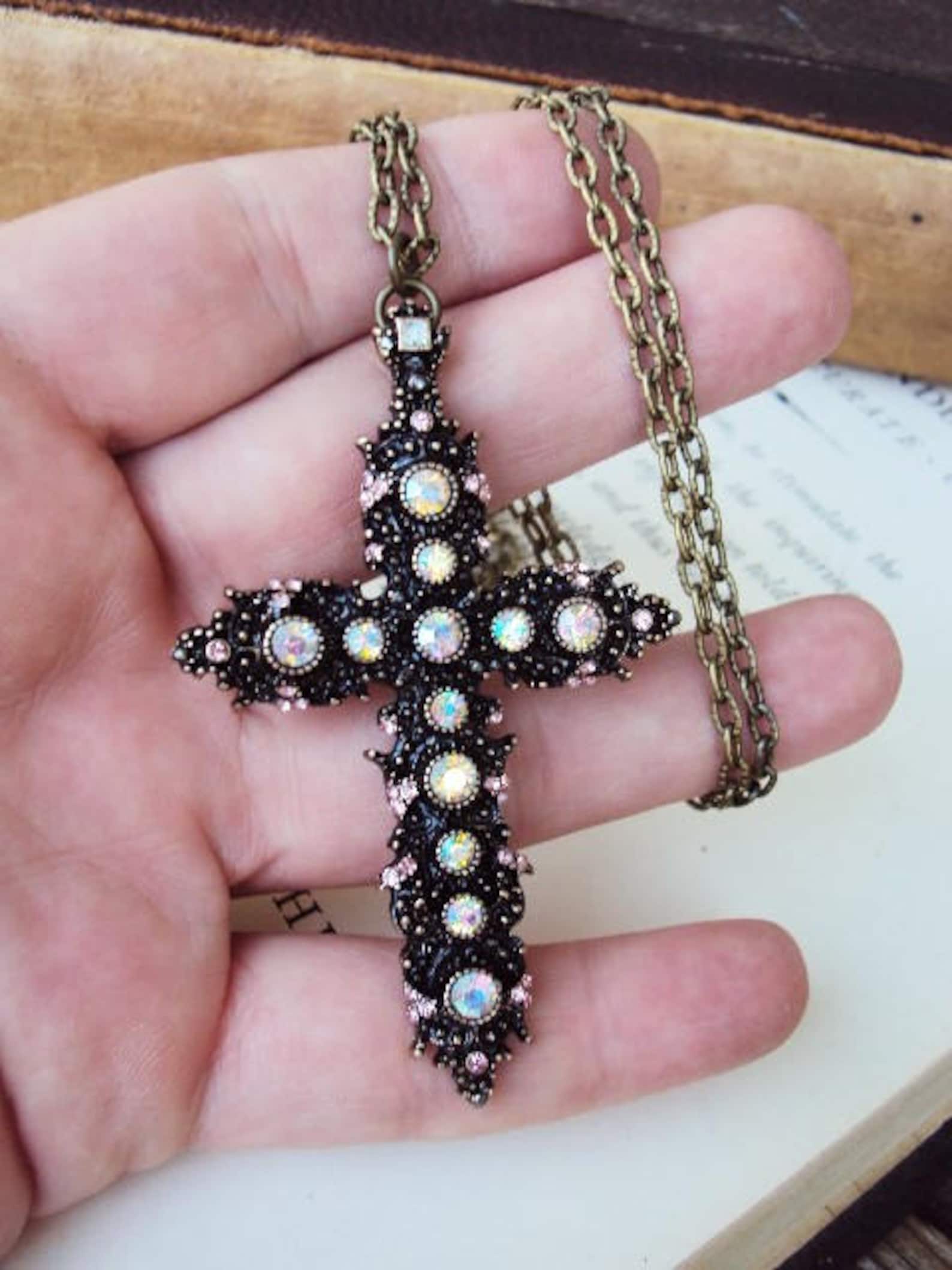 Vintage Style Cross Pendant Necklace Aurora Borealis Ab Glass Etsy