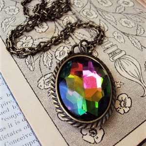 Large Iridescent Crystal Pendant Necklace Rivoli Style Vitrail Antique Brass Peacock Rainbow Color Changing Stone Long Chain Prism Glass image 3