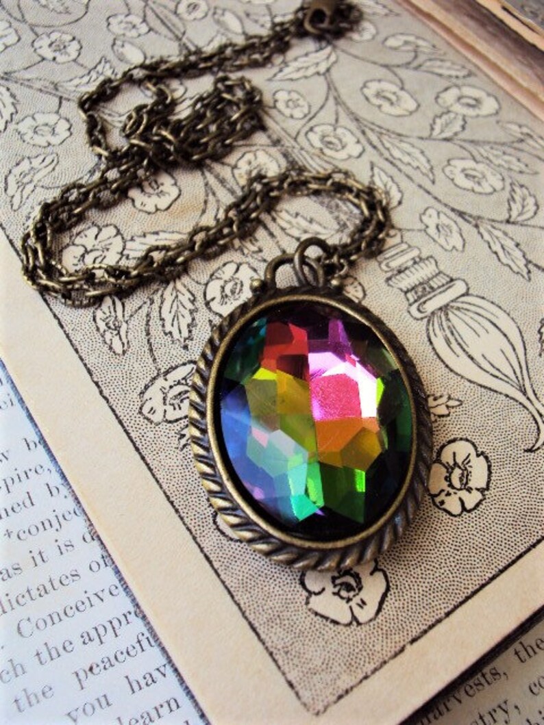 Large Iridescent Crystal Pendant Necklace Rivoli Style Vitrail Antique Brass Peacock Rainbow Color Changing Stone Long Chain Prism Glass image 3