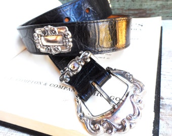 Vintage Brighton Leather Belt, Embossed Alligator Print leather, Silver Ornate Medallions, Black Leather Belt, 1990s Designer Accent Belt