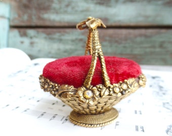 Vintage Battani Pincushion Ormolu Filigree Metal Basket Aurora Borealis Rhinestones Red Velvet Rare Antique Pin cushion Sewing Notion holder