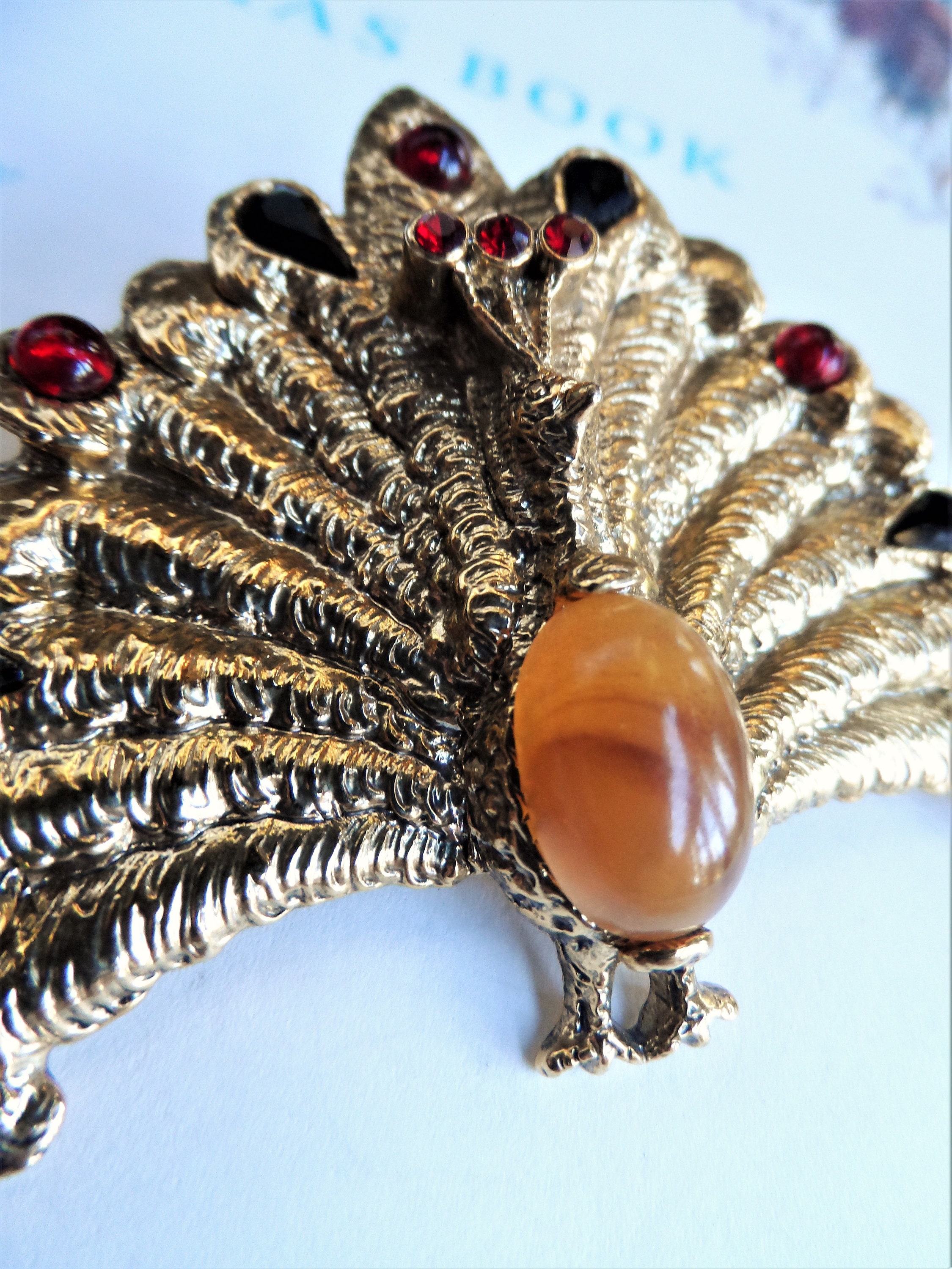 Vintage Peacock Brooch Jelly Belly Pin Rhinestones Stone