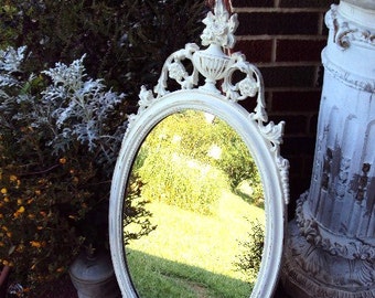 Vintage Shabby Chic Mirror with Baroque Ornate Frame French Country Rococo Urn Flowers Distressed Chippy Paint in Antique White Focal Mirror