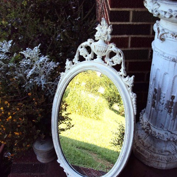 Vintage Shabby Chic Mirror with Baroque Ornate Frame French Country Rococo Urn Flowers Distressed Chippy Paint in Antique White Focal Mirror