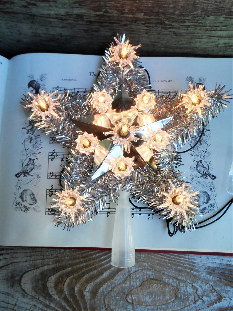 Vintage Christmas Tree Topper Light Lighted Star Silver Tinsel Etsy
