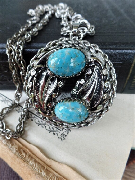 Collier Pendentif En Argent 925 Avec 9 Pierres Turquoise/corail - Années 1970, Occasion, Style étoile