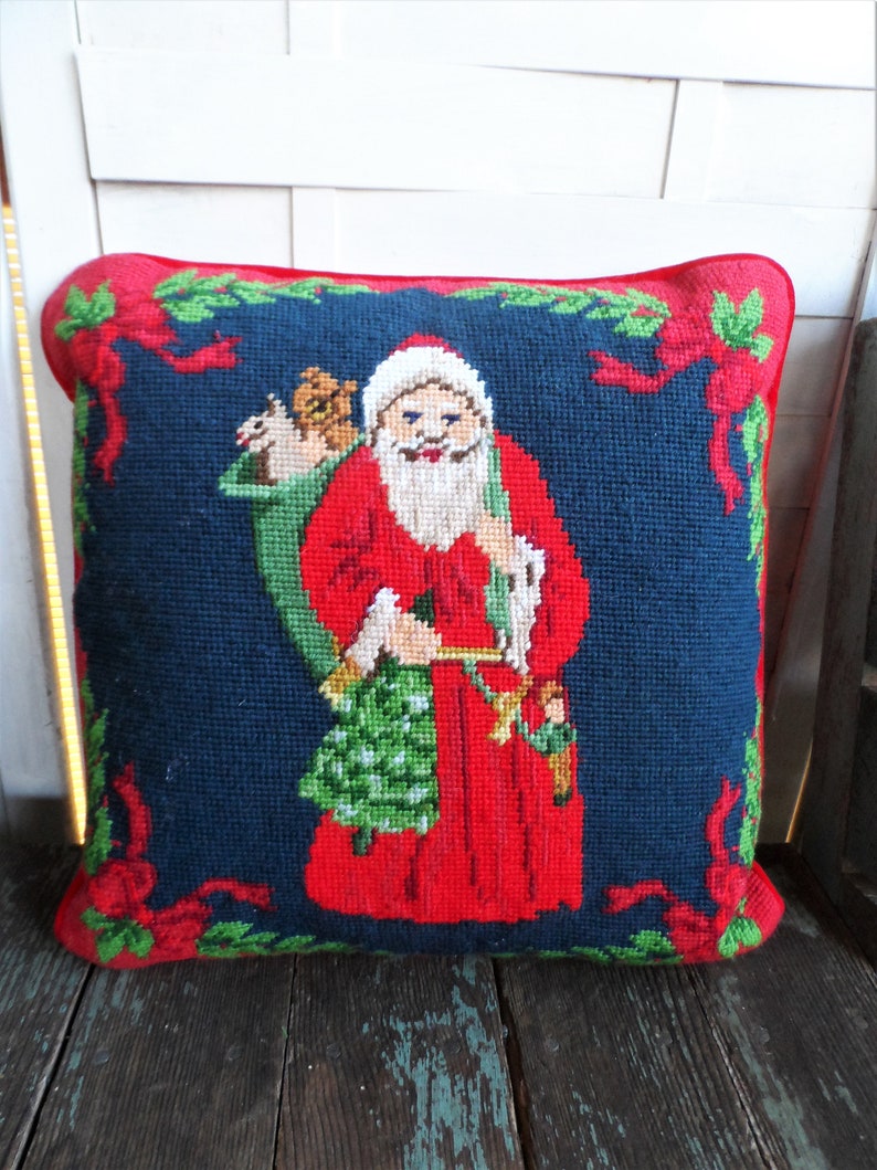 Vintage Christmas Needlepoint Pillow Santa Claus Throw Pillow Etsy