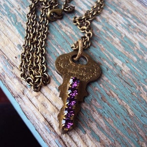 Vintage Key Pendant Necklace Amethyst Purple Rhinestones antique brass Chain