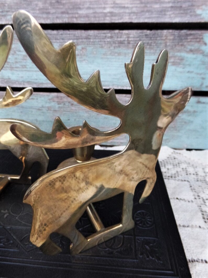 Vintage Brass Deer Candle Holders Reindeer Horns Antlers Etsy