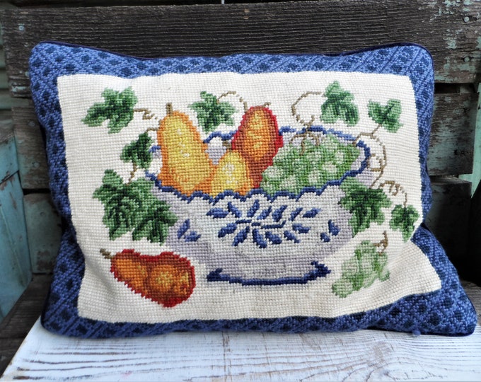 Vintage Needlepoint Pillow French Country Blue and White Bowl Pears Grapes Vine Wool Throw